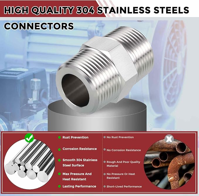 2" Male NPT to 1 1/2" Male NPT SUS304 Hex Nipple | Solid Male Pipe Adapter Hose Connectors for Pipe Repair, Bathroom Remodel, Tool Extensions, Compression, Irrigation