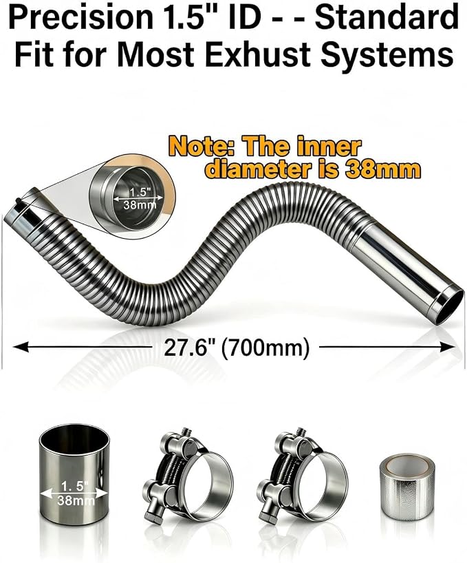 Flexible Stainless Steel Exhaust Tubing, 1.5" ID x 27.6" | Laser Welded Flex Pipe with Coupler, Clamps and Sealing Tape for Generators, Diesel Heaters and RV Exhaust