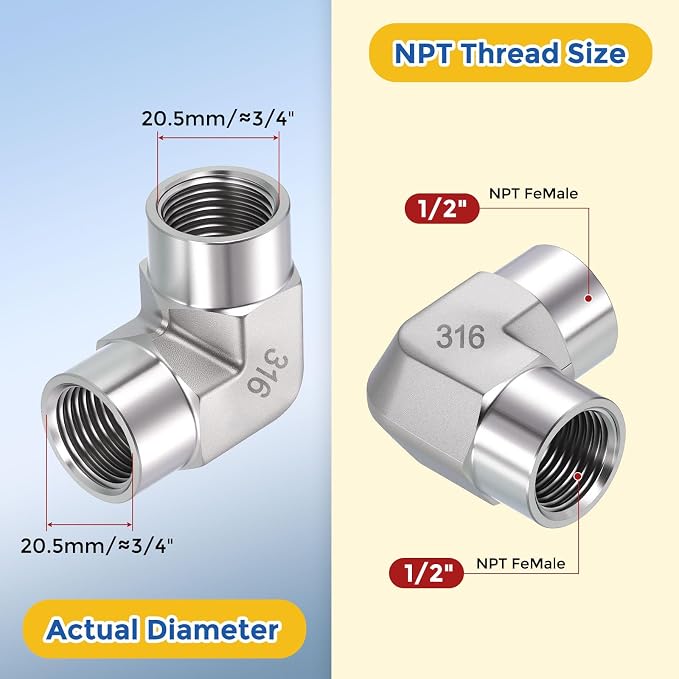 2 Pack SUS316 90 Degree 1/2" FNPT to 1/2" FNPT Barstock Street Elbow | 316 Stainless Steel Pipe Fittings, Forged Pipe Fitting Connector with Sealing Tape for Air, Oil, LP, Gas, Fuel, Water