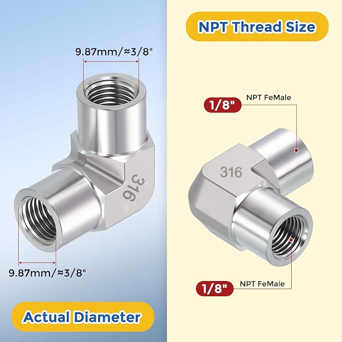 2 Pack SUS316 90 Degree 1/8" FNPT to 1/8" FNPT Barstock Street Elbow | 316 Stainless Steel Pipe Fittings, Forged Pipe Fitting Connector with Sealing Tape for Air, Oil, LP, Gas, Fuel, Water