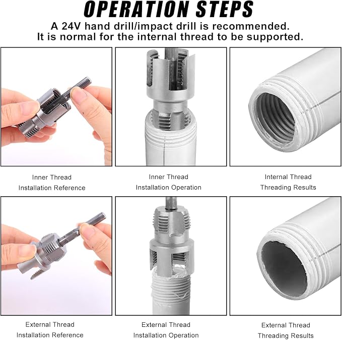 2pcs PVC Pipe Threading Threader Tool Kit, Integrated Internal & External Pipe Thread Cutting Tool with 1/2'' & 3/4'' Dies Set with 2 Roll Seal Raw Tapes for Electric Drill