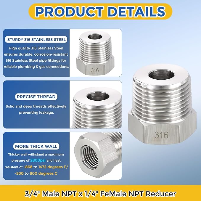 2 Pack SUS316 3/4" Male NPT to 1/4" FeMale NPT Hex Bushing Reducer | 316 Stainless Steel Pipe Fittings, Hose Tube Threaded Adapters with Sealing Tape for Air, Oil, LP, Gas, Fuel, Water