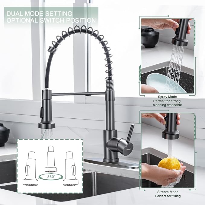 WEWE Pull-Down Kitchen Faucet, 2-Mode Sprayer, Matte Gray, High Arc