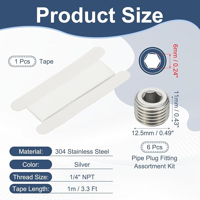 PATIKIL 1/4" NPT Male Internal Hex Pipe Fitting, 6 Pcs 304 Stainless Steel Pipe Plug Fitting Assortment Kit Countersunk Thread Head Socket Pipe Plug Fitting Adapter with Tape, Silver