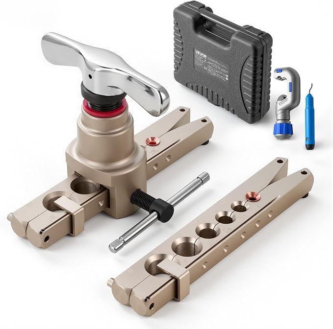 VEVOR Flaring Tool HVAC, 45° Eccentric Single Flaring Tool for 1/4"-3/4" & 6-19mm Copper Aluminum Tubes - with Metric & SAE Clamps, Tube Cutter & Toolbox for Refrigeration Air Conditioner Repair