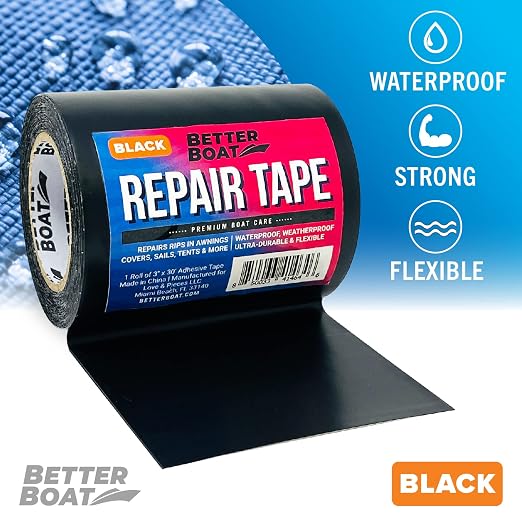 Repair Tape for Fabric and Vinyl 30ft x 3in, Black Waterproof Patch Tape | RV Awning Canvas Tent Tarp Sail Canopy Boat Cover, Heavy Duty, Better Boat