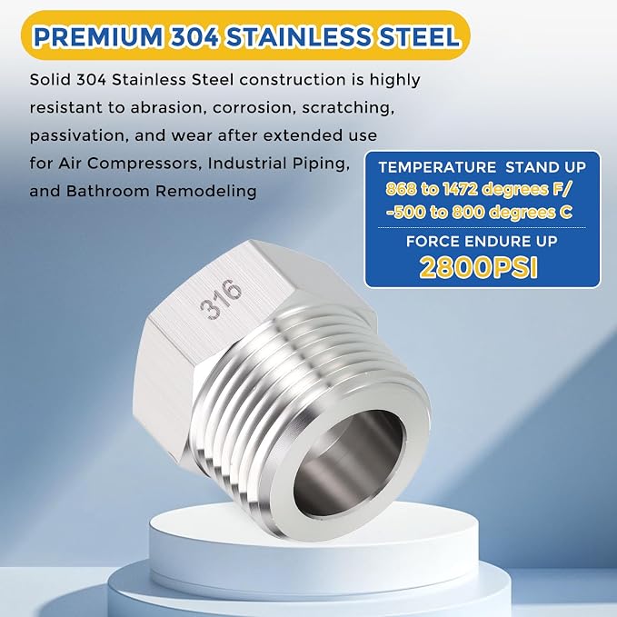 2 Pack SUS316 3/4" Male NPT to 1/2" FeMale NPT Hex Bushing Reducer | 316 Stainless Steel Pipe Fittings, Hose Tube Threaded Adapters with Sealing Tape for Air, Oil, LP, Gas, Fuel, Water