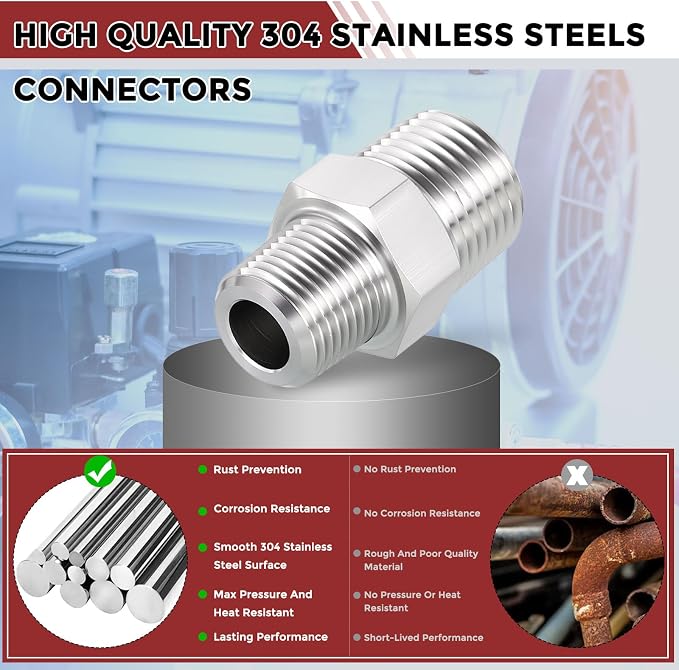Pack of 2, 1/2" Male NPT to 3/8" Male NPT SUS304 Hex Nipple | Solid Male Pipe Adapter Hose Connectors for Pipe Repair, Bathroom Remodel, Tool Extensions, Compression, Irrigation