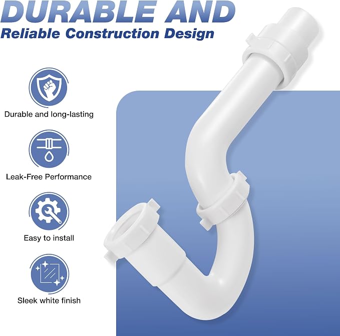 50 Pack 1-1/2 Inch P-Trap Kit, Polypropylene Tubular with PVC Marvel Adapter, Ribbed Threaded Nuts for Strong Leak-Free Connection, Includes J-Bend, Wall Arm & Washers, Made in USA
