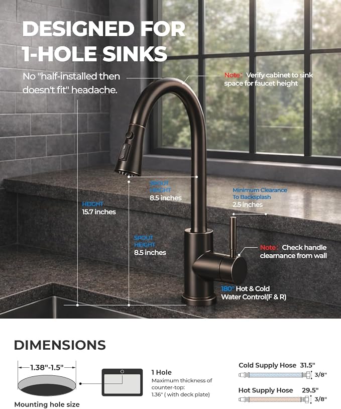 WEWE Pull-Down Kitchen Faucet, 3-Mode Sprayer, Oil Rubbed Bronze, High Arc