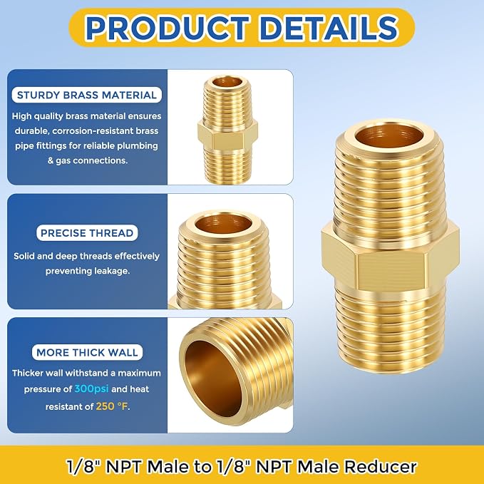 4 Pack Brass Pipe Fittings, 1/8" NPT Male to 1/8" NPT Male | Brass Hex Nipple, Male Pipe Adapter Reducer for Air, Oil, LP