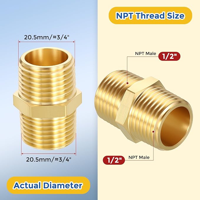 Brass Pipe Fittings, 1/2" Male NPT to 1/2" Male NPT | Brass Hex Nipple, Male Pipe Adapter Reducer for Air, Oil, LP