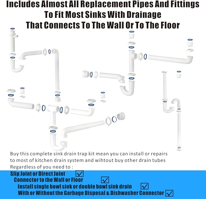 (1 Pack-White) eflyefly 1-1/2 inch Kitchen Sink Drain Kit Include All Necessary Component Replacement Tubular Plumbing