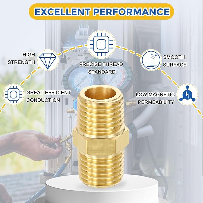 4 Pack Brass Pipe Fittings, 1/4" Male NPT to 1/4" Male NPT | Brass Hex Nipple W/ Sealing Tape, Male Pipe Adapter Reducer for Air, Oil, LP