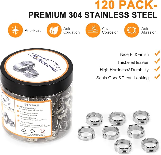 120 Pack 1/2 Inch PEX Cinch Clamps Rings, 304 Stainless Steel | Cinch Crimp Rings Pinch Clamps, Pex Crimp Rings, Stepless Single Ear Hose Clamp for PEX Tubing Pipe Fitting Connections