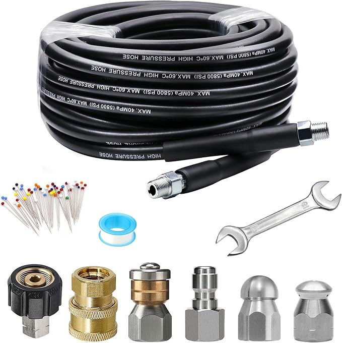 WEST BAY Sewer Jetter Kit 25 FT for Pressure Washer, 5800 PSI Drain Cleaner Hose 1/4 Inch NPT Corner Rotating and Button Nose Sewer Jetting Nozzle Spanner WatertightTape Pearl Corsage Pin | 1/4 Inch NPT, Corner, Rotating and Button Nose Sewer Jetting N...