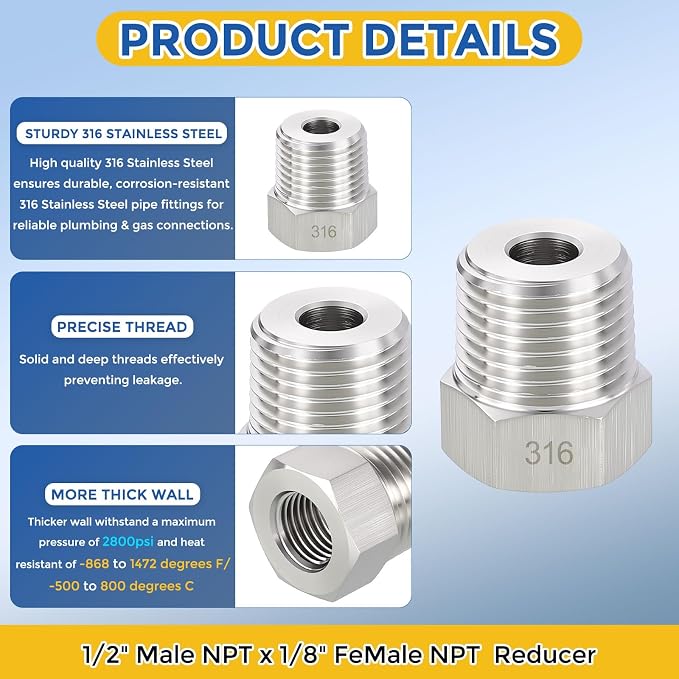 5 Pack SUS316 1/2" Male NPT to 1/8" FeMale NPT Hex Bushing Reducer | 316 Stainless Steel Pipe Fittings, Hose Tube Threaded Adapters with Sealing Tape for Air, Oil, LP, Gas, Fuel, Water