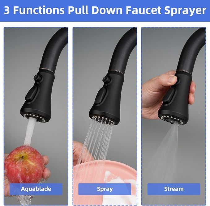 Universal Pull-Down Kitchen Faucet Sprayer Head 3-Mode, 15-Adapter, Black