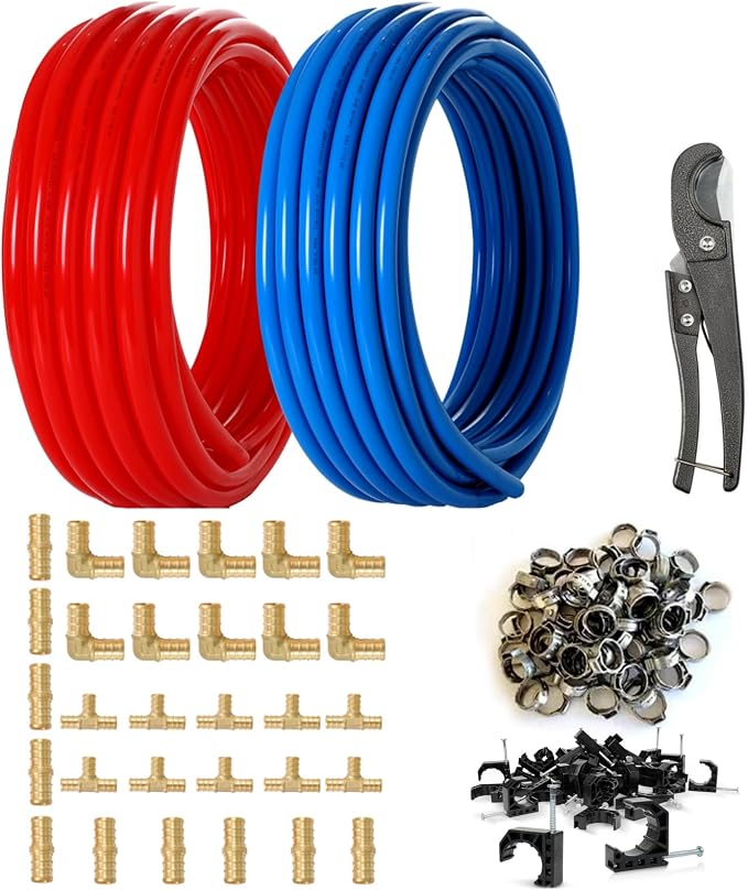 (All-in-One) GUOFIS 1/2 Inch PEX-B Pipe/Tubing Fitting Kit | 2X100ft Pex-b pipe with Pipe cutter,1/2"pex fittings(tee/elbow/coupling,10Pcs each),1/2"Cinch clamps×100,J-Hook nails×50