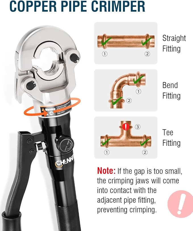 Hydraulic Copper Tube Fittings 1/2, 3/4, 1" Press Crimping Tool Kit Pex Pipe Crimper Pressing Pliers Stainless PEX Press Sleeves for Copper Pipe (Black, AL-1632-VUS)