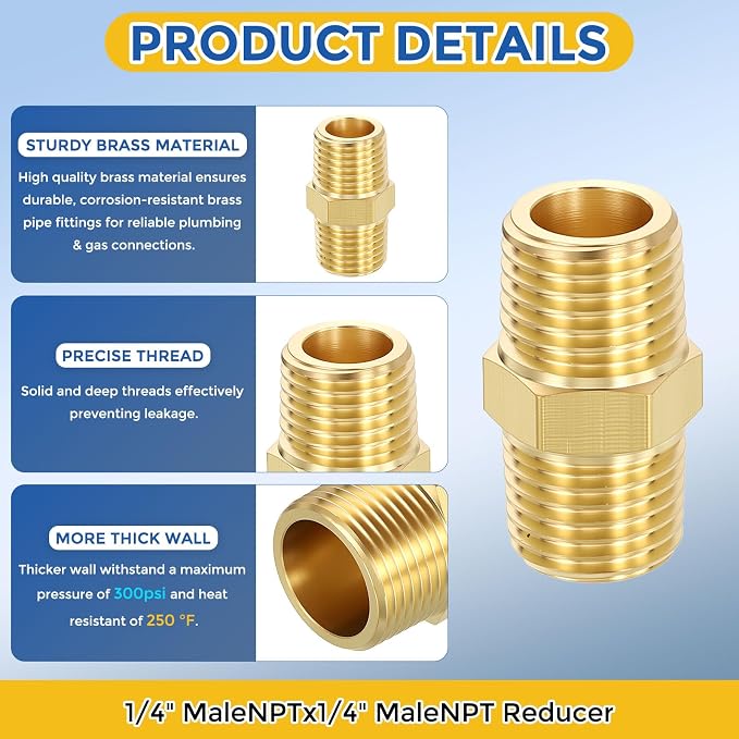 4 Pack Brass Pipe Fittings, 1/4" Male NPT to 1/4" Male NPT | Brass Hex Nipple W/ Sealing Tape, Male Pipe Adapter Reducer for Air, Oil, LP