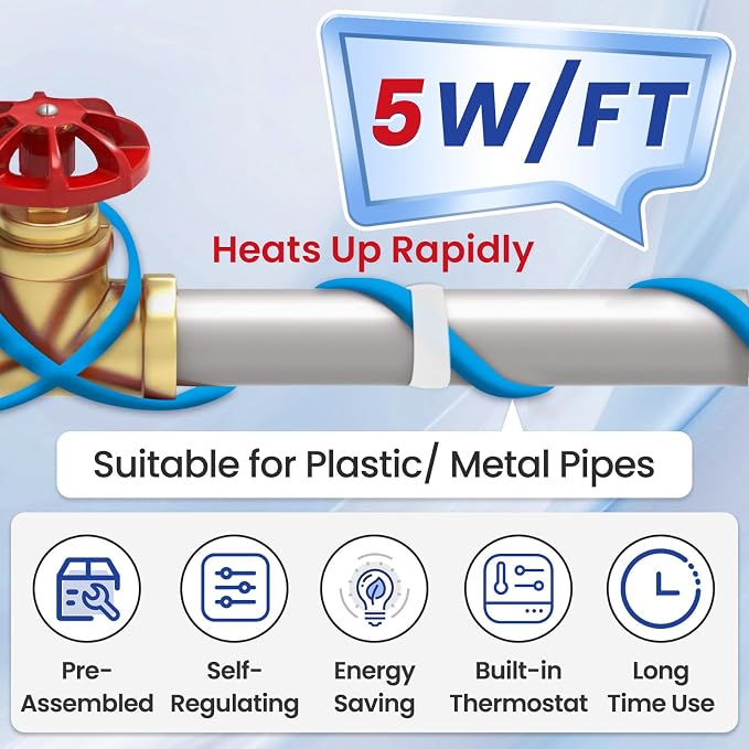 MAXKOSKO 15ft Self Regulating Heat Tape for Water Pipes Heating Cable | Heat Trace Cable with Thermostat Keeps Water Flowing at -40°F, Freeze Protection for Metal & Plastic Pipes,120V 5W/ft