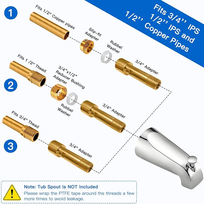 Tub Spout Adapter, Brass, Fits 3/4" IPS and 1/2" IPS Pipe, 1/2" Copper Pipe | Threaded installation&for Slip-On installation,Diverter &without-Diverter Types,5.3" Tub Spout Repair Kit with Assembly Tool