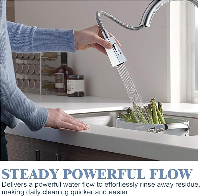 Square Kitchen Faucet Head Replacement Part, G1/2 (13/16" Male Thread) Pull Down Pull Out Sink Sprayer Nozzle, 2-Mode Stream & Spray Tap Spout Only, Splash-Free & Anti-Clog, Chrome