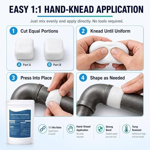 2-Pack Steel-Reinforced Epoxy Putty, Multi-Surface Crack/Hole Filler | For Filling Cracks, Holes, Repairing Pipes & Railings