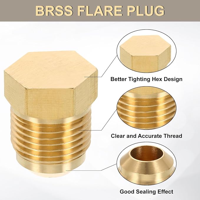 uxcell 4Pcs Brass Seal Plug, 3/4"-16 UNF Male Thread Hex Pipe Fitting, Flare Tube Fittings with Tape for Air Conditioner Pipe Extension Water Gas Line
