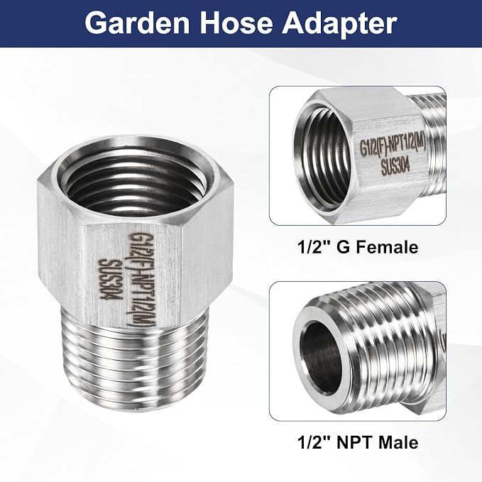 M METERXITY 2-Pack Garden Hose Adapter, Stainless Steel 1/2" g Female x 1/2" NPT Male Threaded Connector with Sealing Tape Garden Hose Convert Fitting for Pipe Fitting/Shower [Silver]