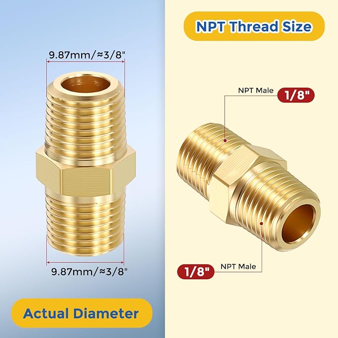 4 Pack Brass Pipe Fittings, 1/8" MNPT to 1/8" Male NPT | Brass Hex Nipple W/ Sealing Tape, Male Pipe Adapter Reducer for Air, Oil, LP, Gas