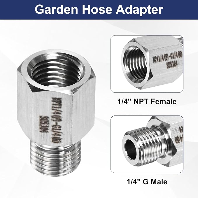 M METERXITY 2-Pack Garden Hose Adapter, Stainless Steel 1/4" NPT Female x 1/4" g Male Threaded Connector with Sealing Tape Garden Hose Convert Fitting for Pipe Fitting/Shower