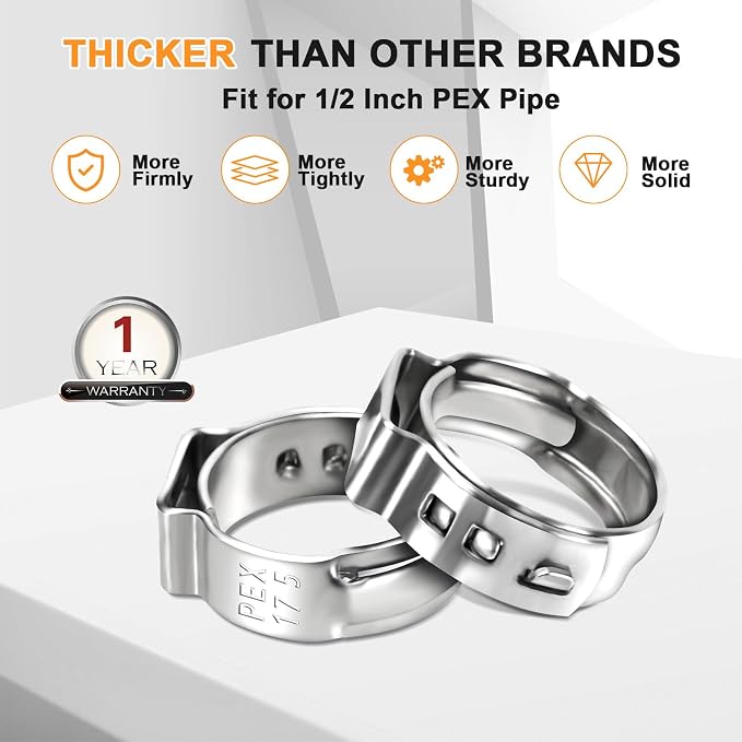 120 Pack 1/2 Inch PEX Cinch Clamps Rings, 304 Stainless Steel | Cinch Crimp Rings Pinch Clamps, Pex Crimp Rings, Stepless Single Ear Hose Clamp for PEX Tubing Pipe Fitting Connections