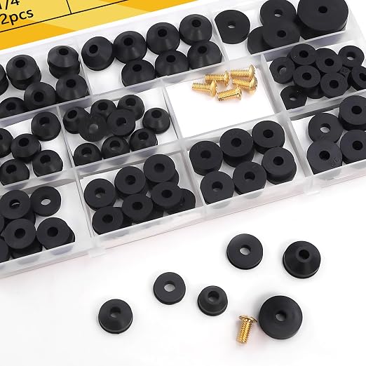 114-Piece 12 Sizes Faucet Washers Assorted Kit - Outdoor Spigot Repair Kit for Hose Bib, Water Valve - Flat & Beveled Faucet Rubber Washer Assortment, Brass Bibb Screws