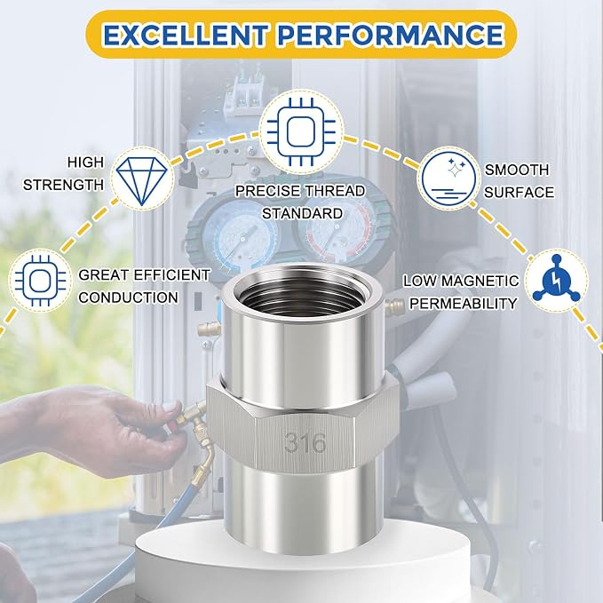 2Pack 1/2" FeMale NPT to 1/4" FeMale NPT 316 Stainless Steel Coupling | 316 Stainless Steel Pipe Fittings, Coupler Hex Head Connector with Sealing Tape for Air, Oil, LP, Gas, Fuel, Water