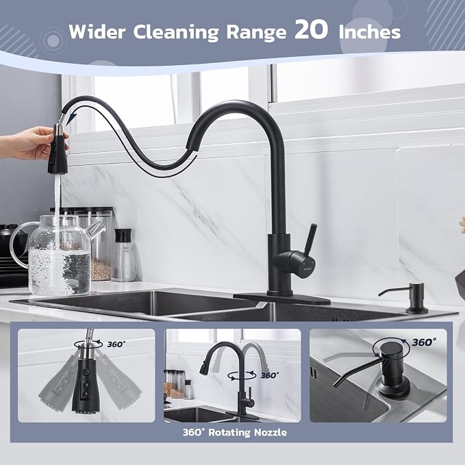 WEWE Kitchen Faucet with Soap Dispenser, 3-Mode Sprayer, Matte Black