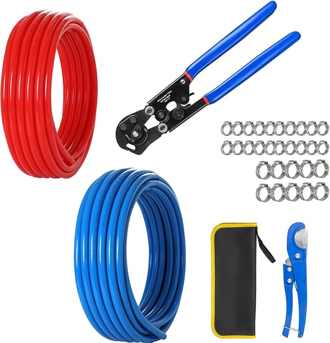 (All-in-One) GUOFIS 3/4 Inch PEX-B Pipe/Tubing Fitting Kit | 3/4"x 200ft Red Blue PEX Tubing,2-in-1 Ratchet Removing Pex Tool,30PCS Clamps& Pipe Cutter for DIY Installation