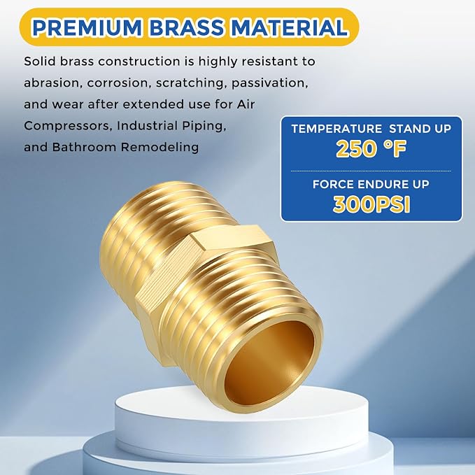 4 Pack Brass Pipe Fittings, 1/2" MNPT to 1/2" Male NPT | Brass Hex Nipple W/ Sealing Tape, Male Pipe Adapter Reducer for Air, Oil, LP, Gas