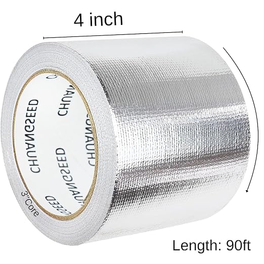 CHUANGSEED Adhesive Aluminum Foil Fiberglass Heat Shield Tape 4in x 90ft, Reflective Material Cool Tape Self-Adhesive for HVAC, Pipe, Auto,High Temp Protection