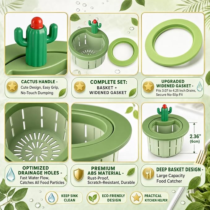 Upgraded Cactus Sink Strainer Basket with Widened Gasket, Green Kitchen Sink Strainer Fits 3.07"-4.25" Drains, Automatic Dumping Sink Filter Basket for Anti-Clog Food Catching (0.11 lbs, 1 Pack)