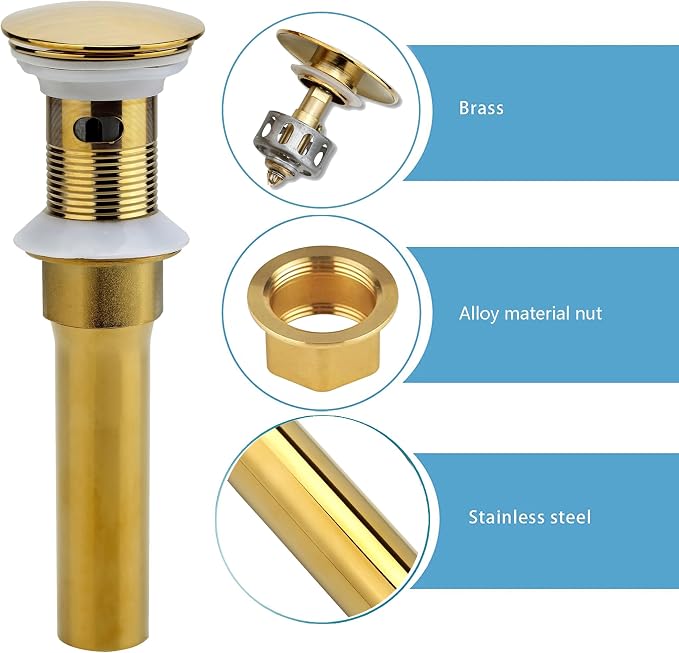 Rockgoya Bathroom Sink Drain, Gold Drain Stopper Bathroom Sink with Overflow,Pop Up Drain Assembly with Detachable Strainer Basket,Built-in Anti-Clogging Strainer,Stainless Steel
