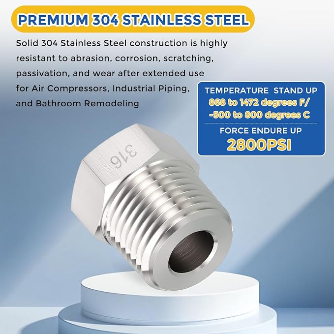 2 Pack SUS316 1/2" Male NPT to 1/4" FeMale NPT Hex Bushing Reducer | 316 Stainless Steel Pipe Fittings, Hose Tube Threaded Adapters with Sealing Tape for Air, Oil, LP, Gas, Fuel, Water