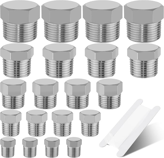 20PCS Stainless Steel Pipe Hex Head Plugs,1/8" 1/4" 3/8" 1/2" 3/4" | 304 Stainless Steel 1/8,1/4,3/8,1/2,3/4 Inch NPT Male Thread Outer Hex Head Plug Fittings Assortment Kit