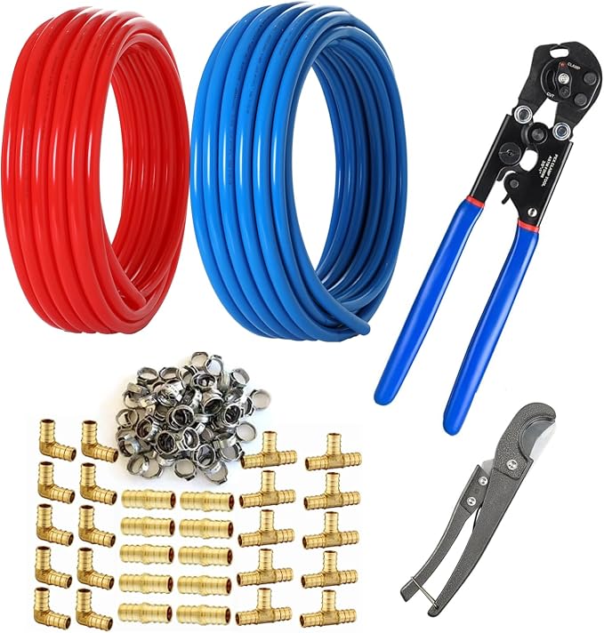 (All-in-One) GUOFIS 3/4 Inch PEX-B Pipe/Tubing Fitting Kit | 3/4 Inch 200ft Red Blue Pipe,2-in-1 Ratchet Cinch Crimp Tool,30 Brass Fittings,100 Clamps,Pipe Cutter