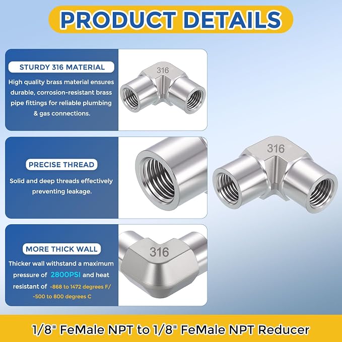 2 Pack SUS316 90 Degree 1/8" FNPT to 1/8" FNPT Barstock Street Elbow | 316 Stainless Steel Pipe Fittings, Forged Pipe Fitting Connector with Sealing Tape for Air, Oil, LP, Gas, Fuel, Water