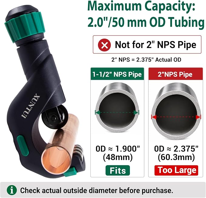 Copper Pipe Cutter, 3/16"-2" OD Tubing Cutter Kit | Cuts copper, brass, aluminum, EMT, exhaust & 304 thin-wall stainless tubing; deburrer, spare wheel & blade included