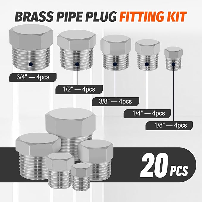20PCS Stainless Steel Pipe Hex Head Plugs,1/8" 1/4" 3/8" 1/2" 3/4" | 304 Stainless Steel 1/8,1/4,3/8,1/2,3/4 Inch NPT Male Thread Outer Hex Head Plug Fittings Assortment Kit