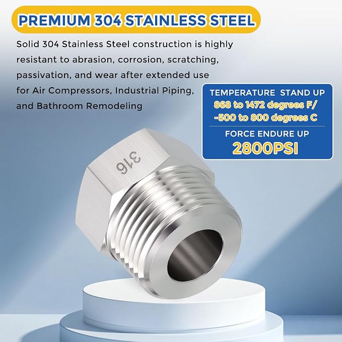 2 Pack SUS316 3/4" Male NPT to 3/8" FeMale NPT Hex Bushing Reducer | 316 Stainless Steel Pipe Fittings, Hose Tube Threaded Adapters with Sealing Tape for Air, Oil, LP, Gas, Fuel, Water
