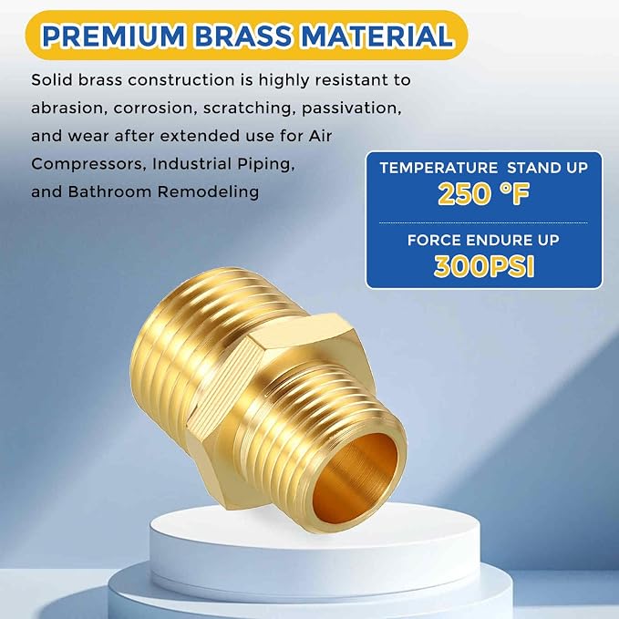 8 Pack Brass Pipe Fittings, 1/2" MNPT to 3/8" Male NPT | Brass Hex Nipple W/ Sealing Tape, Male Pipe Adapter Reducer for Air, Oil, LP, Gas
